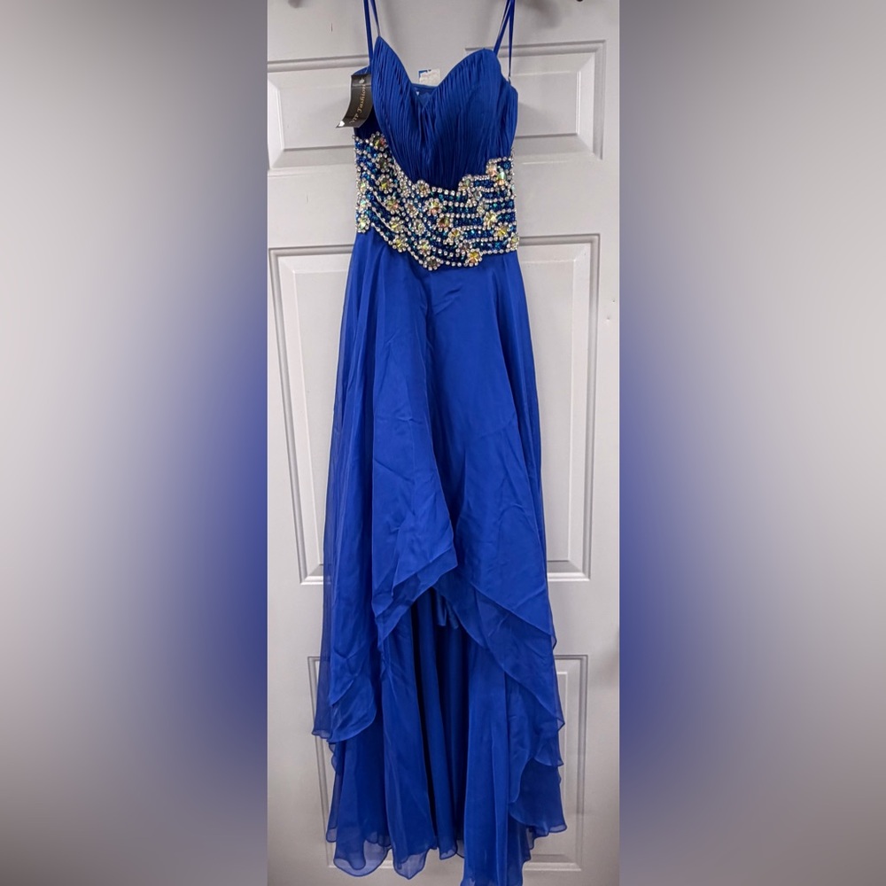 Royal Blue Beaded Waist Spaghetti Strap Prom Dress